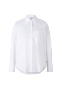 Witte langemouwen knoopse blouse, gemaakt van lichte stof, met een klassieke kraag, één borstzak en een gebogen zoom.