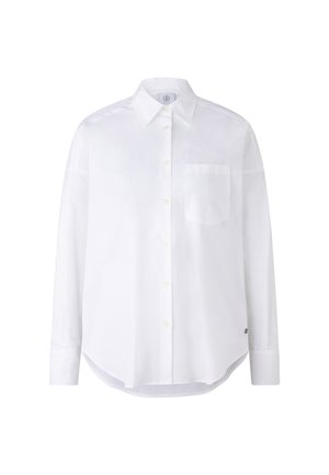 Weißes Langarm-Hemd mit Knopfleiste, aus leichtem Stoff, verfügt über einen klassischen Kragen, eine einzelne Brusttasche und einen abgerundeten Saum.
