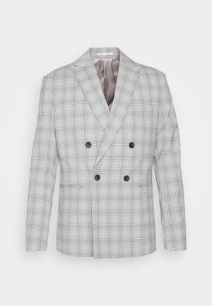 Grau kariertes, doppelt-knöpfiges Blazer mit schwarzen Knöpfen, Schößchen und glattem Innenfutter. Taillierte Passform mit zwei vorderen Taschen.