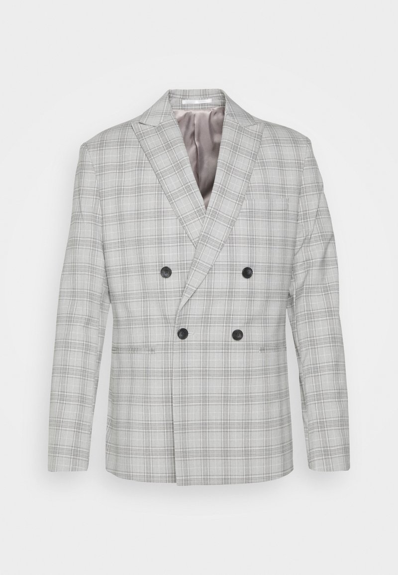 Blazer grigio a quadri doppiopetto con bottoni neri, rever a punta e foderatura interna liscia. Vestibilità su misura con due tasche frontali.