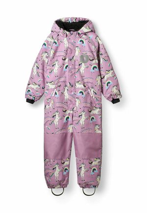 Combinaison imperméable rose pour enfant avec capuche, imprimé licorne et arc-en-ciel, genoux renforcés, poches zippées et sangles élastiques pour les pieds.