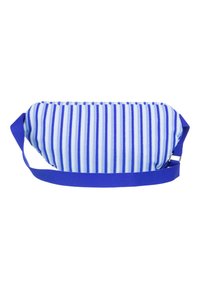 Striped blue and white fabric bag with a rounded shape, secured with a blue strap. Features textured stripes and a zip closure.