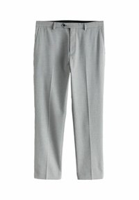 Pantalones de sastre gris claro con frente plano, pinzas simples y bolsillos laterales. Fabricados con tela texturizada, con cierre de botón y trabillas para cinturón.