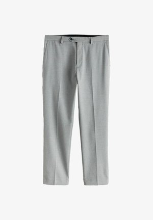 Világosszürke, szabott nadrág lapos elejű, egyetlen redővel és oldalzsebekkel. Texturált anyagból készült, gombos záródással és övbújtatókkal.