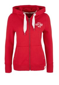 Rød zip-up hoodie i bomuldsblanding, med hvide snore, forskydningslommer og et trykt logo. Ribbet manchetter og kant.