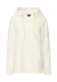 Felpa off-white realizzata in un tessuto morbido, con cappuccio regolabile caratterizzato da dettagli verde brillante, tasca frontale a marsupio e polsini a coste.