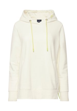 Off-white hoodie gemaakt van zachte stof, met een trekkoordcapuchon met felgroene accenten, een voorzak en ribgebreide manchetten.