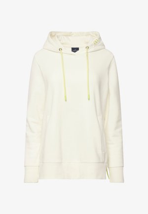 Hoodie w kolorze off-white wykonany z miękkiego materiału, z kapturem ze sznurkiem w jasnym zielonym odcieniu, kieszenią z przodu oraz ściągaczami przy mankietach.