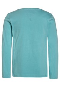 Turkusowa, długoramienna koszulka z bawełny. Posiada okrągły dekolt oraz detal szwu z tyłu. Gładka tekstura, bez wzorów.