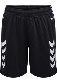 Pantalones cortos deportivos negros con una cinturilla elástica, que presentan patrones en forma de chevron blancos a los lados y una textura de tela suave y ligera.