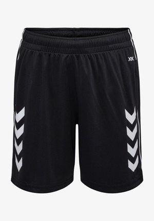 Svarta sportshorts med elastisk midja, med vita chevronmönster på sidorna och en mjuk, lätt tygkänsla.