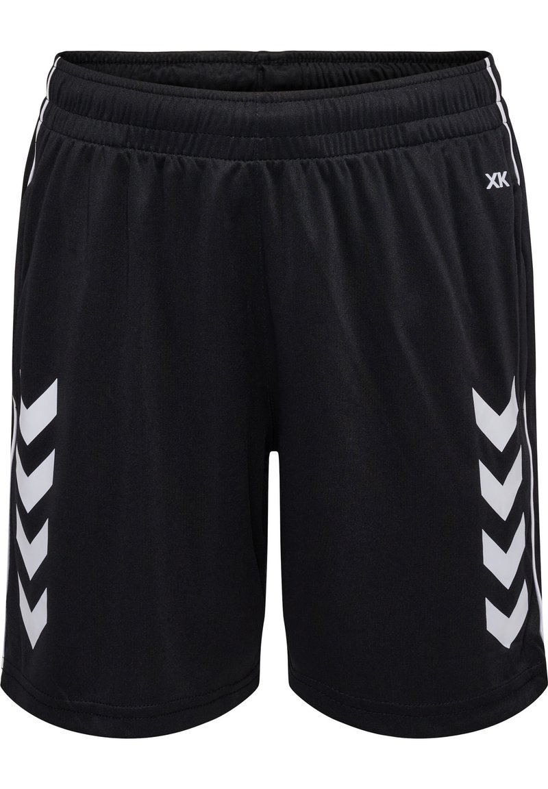 Pantalones cortos deportivos negros con una cinturilla elástica, que presentan patrones en forma de chevron blancos a los lados y una textura de tela suave y ligera.
