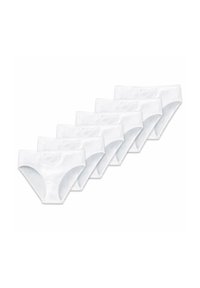 Fünf Paare weißer Baumwollslips mit glatter Oberfläche und einem dekorativen, spitzenähnlichen Muster an der Vorderseite. Mid-Rise-Schnitt, weiche Textur.
