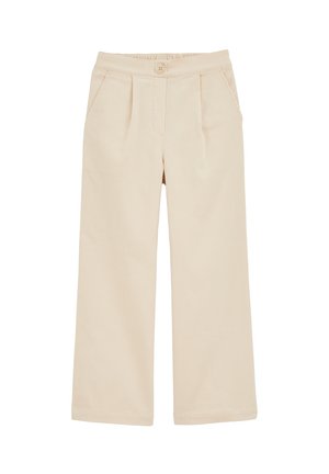 Pantaloni beige a gamba larga realizzati in tessuto testurizzato, dotati di chiusura con bottone e due tasche laterali, con pieghe sul davanti.
