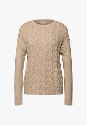 Beżowy sweter dzianinowy z wzorem w warkocze, okrągłym dekoltem oraz ściągaczami na mankietach i u dołu. Wykonany z miękkiej, teksturowanej tkaniny, zapewniającej ciepło.