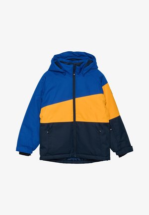 Jaket v barvah modra, rumena in mornarsko modra, blokirana v barvah, s kapuco, sprednjim zadrgo in stranskimi žepi; izdelan iz vodoodpornega materiala z teksturirano površino.