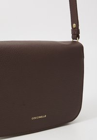 Brown leather crossbody bag with a textured surface, gold logo detail, and adjustable strap. Simple, rectangular design.