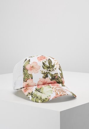 Casquette de baseball Rip Curl à motif floral avec des feuilles roses et vertes, dos en mesh blanc, posée sur une surface blanche devant un fond gris.