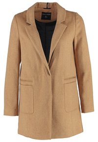 Béžové sako z vlněné směsi s výřezovým klopou, dvěma předními kapsami a černou vnitřní podšívkou. Má strukturovaný střih a dlouhé rukávy.