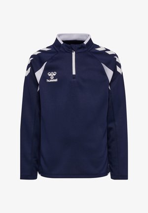 Granatowy sportowy pulower z długim rękawem z białymi akcentami, przednim zamkiem błyskawicznym oraz logo hummel na lewej piersi i ramionach.