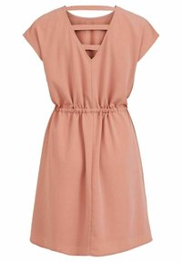 Růžové šaty růžové barvy z lehké látky, s výstřihem do V, krátkými rukávy, elastickým pasem a ozdobným proužkem na zádech.