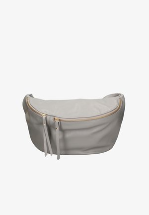 Borsa in pelle grigia con forma arrotondata, chiusura con zip dorata e due zip pull decorative. Superficie testurizzata con finitura morbida.