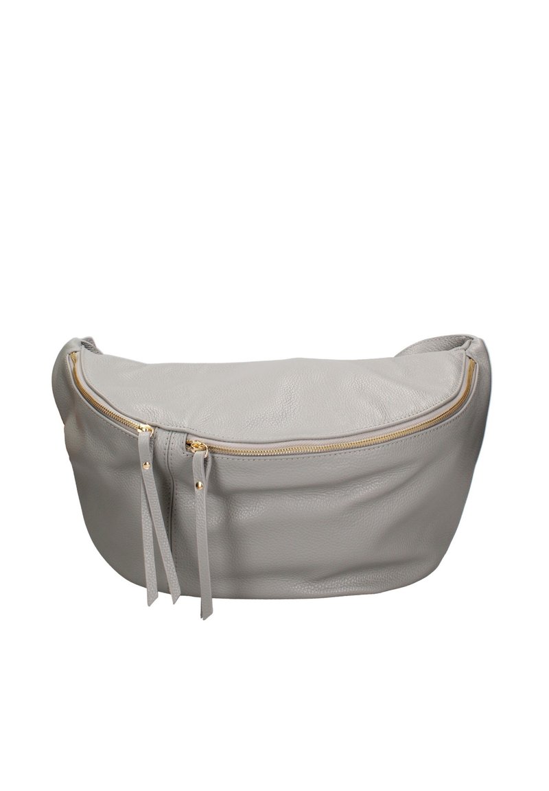 Borsa in pelle grigia con forma arrotondata, chiusura con zip dorata e due zip pull decorative. Superficie testurizzata con finitura morbida.