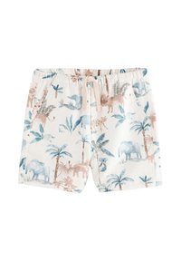 Shorts en coton avec un fond clair orné d'un motif multicolore d'animaux et de feuilles de palmier. Taille élastique avec cordon de serrage.