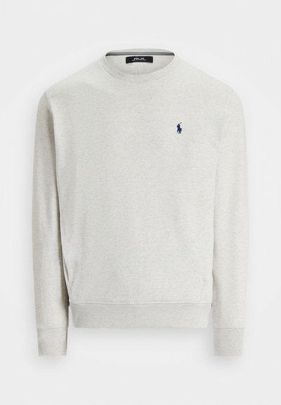 Svetlo sivi pulover iz mešanice bombaža, z okroglim izrezom, dolgimi rokavi in mornarsko modrim izvezenim logotipom na prsih.