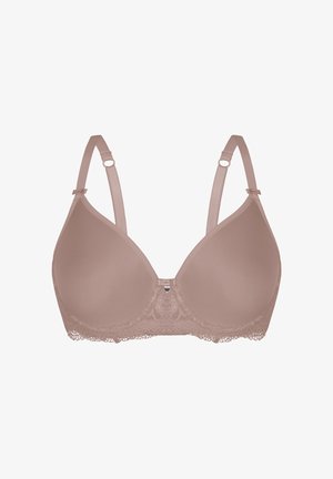 Beiger gepolsterter BH mit verstellbaren Trägern, Spitzenrand am Boden und einem metallischen Akzent in der Mitte. Glatte Textur und nahtloses Design.