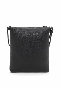 Borsa a tracolla nera in pelle con finitura testurizzata, forma quadrata, tracolla regolabile e chiusura superiore con zip.