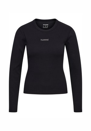 Sort ribbet langærmet damebluse med rund hals og "hummel"-logo i midten af brystet.
