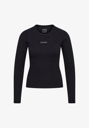 Czarna prążkowana damska bluzka z długim rękawem i okrągłym dekoltem, z logo "hummel" na środku klatki piersiowej.