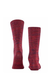 Skarpety do kolan wykonane z mieszanki czerwonego i niebieskiego przędzy, z prążkowanym wykończeniem i gładką teksturą, bez widocznych wzorów czy akcentów.
