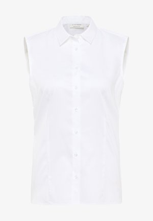 White sleeveless blouse made of smooth fabric, featuring a collared neck, front buttons, and a tailored fit. No visible patterns or accents.