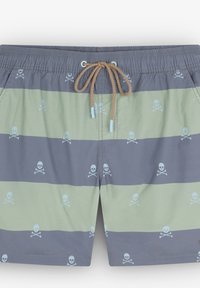 Shorts de bain à rayures grises et vertes, arborant un motif répété de skull et de os croisés, avec une taille élastique et un cordon de serrage réglable.