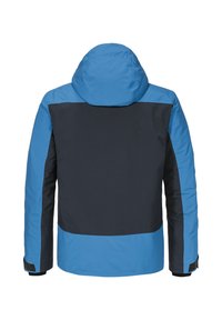 Kapuzenshirt mit einer blauen oberen Hälfte und einer dunklen unteren Hälfte. Hergestellt aus glattem, wetterbeständigem Stoff mit verstellbaren Bündchen.
