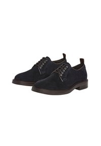 Pantofi de dress din suede bleumarin, cu vârfuri rotunde, talpă din piele maro închis și sistem de șireturi cu cinci găuri. Dispun de o buclă la toc pentru o îmbrăcare ușoară.