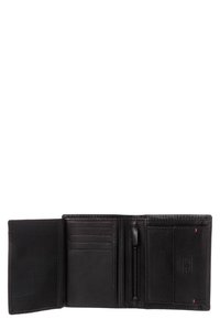 Zwarte leren drielovend wallet opengevouwen om meerdere kaartsleuven, een ritsvak voor munten en een doorzichtig venster voor een ID te tonen.