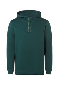 Grüne Kapuzenjacke aus weichem Material, mit einer Kordelzugkapuze, gerippten Bündchen und einem dezenten Logo auf der Brust. Insgesamt glatte Textur.