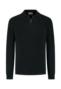 Schwarzer, langärmeliger Strickpullover mit Kragen und halb verdecktem Reißverschluss vorne, mit gerippten Bündchen und Saum, vor einem schlichten weißen Hintergrund präsentiert.