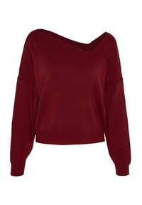 Pull bordeaux à manches longues avec épaules tombantes et encolure asymétrique dénudant une épaule, poignets et ourlet côtelés.