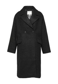 Zwarte wolmix dubbele-breasted jas met ingetogen revers, twee voorzakken en een geprofileerde afwerking. Middellange stijl, relaxte fit.