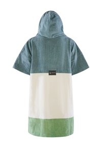 Accappatoio con cappuccio in spugna, caratterizzato da una parte superiore verde acqua, una parte centrale bianca e una striscia inferiore verde. Include un'etichetta del marchio sul davanti.