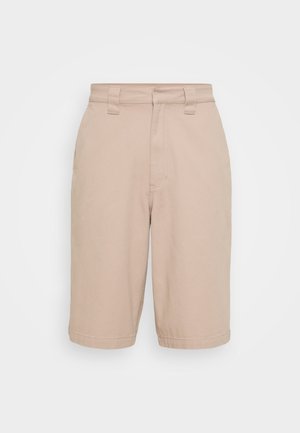 Beige cotton shorts with a straight cut, featuring a standard waistband, front pockets, and a clean, unembellished design.