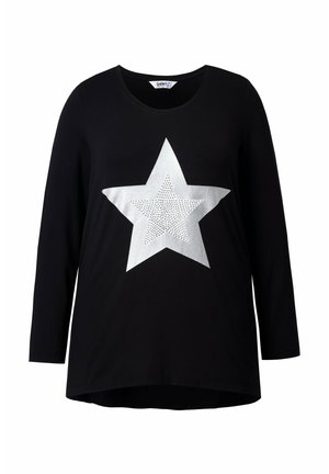 Schwarzes Langarm-T-Shirt mit einem großen silbernen Stern-Design und strukturierter Oberfläche. Runder Ausschnitt und abgerundeter Saum.