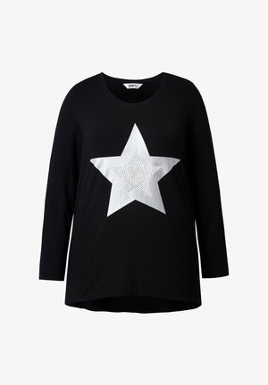 Schwarzes Langarm-T-Shirt mit einem großen silbernen Stern-Design und strukturierter Oberfläche. Runder Ausschnitt und abgerundeter Saum.