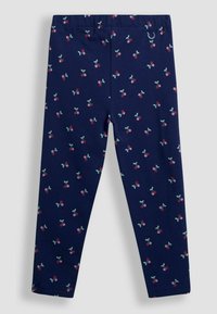 Leggings azul marino de tejido elástico con un pequeño estampado de cerezas rosas y hojas verdes, cinturilla elástica y diseño ajustado.
