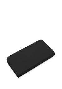 Black leather wallet, rectangular shape, smooth texture, zip closure, minimal design, no visible logos or patterns.