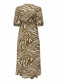 Bruin en wit zebraprint midi-jurk met pofmouwen en een gerimpelde zoom, gezien van achteren.
